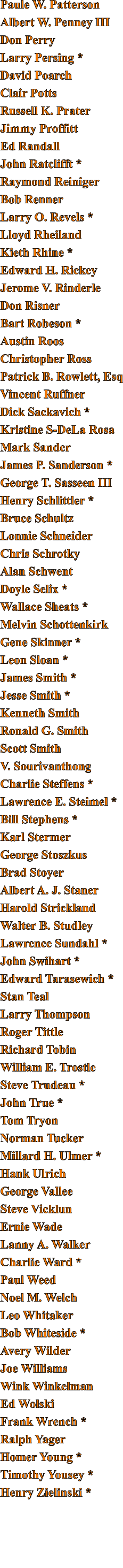 Paule W. Patterson Albert W. Penney III Don Perry Larry Persing * David Poarch Clair Potts Russell K. Prater Jimmy Proffitt Ed Randall John Ratclifft * Raymond Reiniger Bob Renner Larry O. Revels * Lloyd Rheiland Kieth Rhine * Edward H. Rickey Jerome V. Rinderle Don Risner Bart Robeson * Austin Roos Christopher Ross Patrick B. Rowlett, Esq Vincent Ruffner Dick Sackavich * Kristine S-DeLa Rosa Mark Sander James P. Sanderson * George T. Sasseen III Henry Schlittler * Bruce Schultz Lonnie Schneider Chris Schrotky Alan Schwent Doyle Selix * Wallace Sheats * Melvin Schottenkirk Gene Skinner * Leon Sloan * James Smith * Jesse Smith * Kenneth Smith Ronald G. Smith Scott Smith V. Sourivanthong Charlie Steffens * Lawrence E. Steimel * Bill Stephens * Karl Stermer George Stoszkus Brad Stoyer Albert A. J. Staner Harold Strickland Walter B. Studley Lawrence Sundahl * John Swihart * Edward Tarasewich * Stan Teal Larry Thompson Roger Tittle Richard Tobin William E. Trostle Steve Trudeau * John True * Tom Tryon Norman Tucker Millard H. Ulmer * Hank Ulrich George Vallee Steve Vicklun Ernie Wade Lanny A. Walker Charlie Ward * Paul Weed Noel M. Welch Leo Whitaker Bob Whiteside * Avery Wilder Joe Williams Wink Winkelman Ed Wolski Frank Wrench * Ralph Yager  Homer Young * Timothy Yousey * Henry Zielinski *