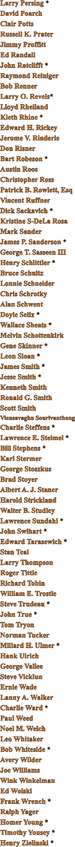 Larry Persing * David Poarch Clair Potts Russell K. Prater Jimmy Proffitt Ed Randall John Ratclifft * Raymond Reiniger Bob Renner Larry O. Revels* Lloyd Rheiland Kieth Rhine * Edward H. Rickey Jerome V. Rinderle Don Risner Bart Robeson * Austin Roos Christopher Ross Patrick B. Rowlett, Esq Vincent Ruffner Dick Sackavich * Kristine S-DeLa Rosa Mark Sander James P. Sanderson * George T. Sasseen III Henry Schlittler * Bruce Schultz Lonnie Schneider Chris Schrotky Alan Schwent Doyle Selix * Wallace Sheats * Melvin Schottenkirk Gene Skinner * Leon Sloan * James Smith * Jesse Smith * Kenneth Smith Ronald G. Smith Scott Smith Viensavaghn Sourivanthong Charlie Steffens * Lawrence E. Steimel * Bill Stephens * Karl Stermer George Stoszkus Brad Stoyer Albert A. J. Staner Harold Strickland Walter B. Studley Lawrence Sundahl * John Swihart * Edward Tarasewich * Stan Teal Larry Thompson Roger Tittle Richard Tobin William E. Trostle Steve Trudeau * John True * Tom Tryon Norman Tucker Millard H. Ulmer * Hank Ulrich George Vallee Steve Vicklun Ernie Wade Lanny A. Walker Charlie Ward * Paul Weed Noel M. Welch Leo Whitaker Bob Whiteside * Avery Wilder Joe Williams Wink Winkelman Ed Wolski Frank Wrench * Ralph Yager  Homer Young * Timothy Yousey * Henry Zielinski *