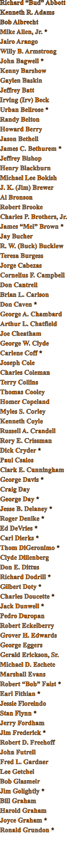 Richard “Bud” Abbott Kenneth R. Adams Bob Albrecht Mike Allen, Jr. * Jairo Arango Willy B. Armstrong John Bagwell * Kenny Barshow Gaylen Baskin Jeffrey Batt Irving (Irv) Beck Urban Bellrose * Randy Belton Howard Berry Jason Bethell James C. Bethurem * Jeffrey Bishop Henry Blackburn Michael Lee Bokish J. K. (Jim) Brewer Al Bronson Robert Brooke Charles P. Brothers, Jr. James “Mel” Brown * Jay Bucher R. W. (Buck) Bucklew Teresa Burgess Jorge Cabezas Cornelius F. Campbell Don Cantrell Brian L. Carlson Don Caven * George A. Chambard Arthur L. Chatfield Joe Cheatham George W. Clyde Carlene Coff * Joseph Cole Charles Coleman Terry Collins Thomas Cooley Homer Copeland Myles S. Corley Kenneth Coyle Russell A. Crandell Rory E. Crissman Dick Cryder * Paul Csalos Clark E. Cunningham George Davis * Craig Day George Day * Jesse B. Delaney * Roger Denike * Ed DeVries * Carl Dierks * Thom DiGeronimo * Clyde Dillenberg Don E. Dittus Richard Dodrill * Gilbert Doty * Charles Doucette * Jack Dunwell * Pedro Duropan Robert Eckelberry Grover H. Edwards George Eggers Gerald Erickson, Sr. Michael D. Eschete Marshall Evans Robert “Bob” Faist * Earl Fithian * Jessie Floreindo Stan Flynn * Jerry Fordham Jim Frederick * Robert D. Freehoff John Futrell Fred L. Gardner Lee Getchel Bob Glasmeir Jim Golightly * Bill Graham Harold Graham Joyce Graham * Ronald Grundon *