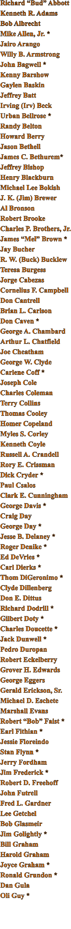 Richard “Bud” Abbott Kenneth R. Adams Bob Albrecht Mike Allen, Jr. * Jairo Arango Willy B. Armstrong John Bagwell * Kenny Barshow Gaylen Baskin Jeffrey Batt Irving (Irv) Beck Urban Bellrose * Randy Belton Howard Berry Jason Bethell James C. Bethurem* Jeffrey Bishop Henry Blackburn Michael Lee Bokish J. K. (Jim) Brewer Al Bronson Robert Brooke Charles P. Brothers, Jr. James “Mel” Brown * Jay Bucher R. W. (Buck) Bucklew Teresa Burgess Jorge Cabezas Cornelius F. Campbell Don Cantrell Brian L. Carlson Don Caven * George A. Chambard Arthur L. Chatfield Joe Cheatham George W. Clyde Carlene Coff * Joseph Cole Charles Coleman Terry Collins Thomas Cooley Homer Copeland Myles S. Corley Kenneth Coyle Russell A. Crandell Rory E. Crissman Dick Cryder * Paul Csalos Clark E. Cunningham George Davis * Craig Day George Day * Jesse B. Delaney * Roger Denike * Ed DeVries * Carl Dierks * Thom DiGeronimo * Clyde Dillenberg Don E. Dittus Richard Dodrill * Gilbert Doty * Charles Doucette * Jack Dunwell * Pedro Duropan Robert Eckelberry Grover H. Edwards George Eggers Gerald Erickson, Sr. Michael D. Eschete Marshall Evans Robert “Bob” Faist * Earl Fithian * Jessie Floreindo Stan Flynn * Jerry Fordham Jim Frederick * Robert D. Freehoff John Futrell Fred L. Gardner Lee Getchel Bob Glasmeir Jim Golightly * Bill Graham Harold Graham Joyce Graham * Ronald Grundon * Dan Gula Oli Guy *