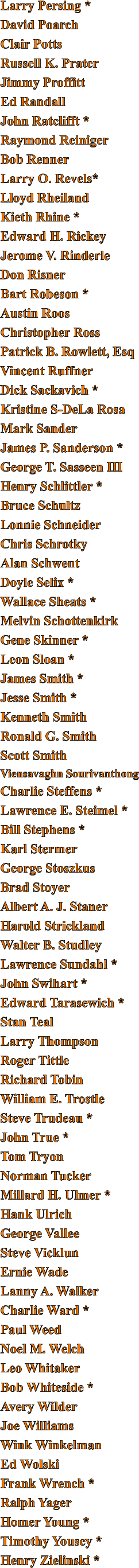 Larry Persing * David Poarch Clair Potts Russell K. Prater Jimmy Proffitt Ed Randall John Ratclifft * Raymond Reiniger Bob Renner Larry O. Revels* Lloyd Rheiland Kieth Rhine * Edward H. Rickey Jerome V. Rinderle Don Risner Bart Robeson * Austin Roos Christopher Ross Patrick B. Rowlett, Esq Vincent Ruffner Dick Sackavich * Kristine S-DeLa Rosa Mark Sander James P. Sanderson * George T. Sasseen III Henry Schlittler * Bruce Schultz Lonnie Schneider Chris Schrotky Alan Schwent Doyle Selix * Wallace Sheats * Melvin Schottenkirk Gene Skinner * Leon Sloan * James Smith * Jesse Smith * Kenneth Smith Ronald G. Smith Scott Smith Viensavaghn Sourivanthong Charlie Steffens * Lawrence E. Steimel * Bill Stephens * Karl Stermer George Stoszkus Brad Stoyer Albert A. J. Staner Harold Strickland Walter B. Studley Lawrence Sundahl * John Swihart * Edward Tarasewich * Stan Teal Larry Thompson Roger Tittle Richard Tobin William E. Trostle Steve Trudeau * John True * Tom Tryon Norman Tucker Millard H. Ulmer * Hank Ulrich George Vallee Steve Vicklun Ernie Wade Lanny A. Walker Charlie Ward * Paul Weed Noel M. Welch Leo Whitaker Bob Whiteside * Avery Wilder Joe Williams Wink Winkelman Ed Wolski Frank Wrench * Ralph Yager  Homer Young * Timothy Yousey * Henry Zielinski *