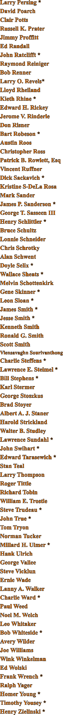 Larry Persing * David Poarch Clair Potts Russell K. Prater Jimmy Proffitt Ed Randall John Ratclifft * Raymond Reiniger Bob Renner Larry O. Revels* Lloyd Rheiland Kieth Rhine * Edward H. Rickey Jerome V. Rinderle Don Risner Bart Robeson * Austin Roos Christopher Ross Patrick B. Rowlett, Esq Vincent Ruffner Dick Sackavich * Kristine S-DeLa Rosa Mark Sander James P. Sanderson * George T. Sasseen III Henry Schlittler * Bruce Schultz Lonnie Schneider Chris Schrotky Alan Schwent Doyle Selix * Wallace Sheats * Melvin Schottenkirk Gene Skinner * Leon Sloan * James Smith * Jesse Smith * Kenneth Smith Ronald G. Smith Scott Smith Viensavaghn Sourivanthong Charlie Steffens * Lawrence E. Steimel * Bill Stephens * Karl Stermer George Stoszkus Brad Stoyer Albert A. J. Staner Harold Strickland Walter B. Studley Lawrence Sundahl * John Swihart * Edward Tarasewich * Stan Teal Larry Thompson Roger Tittle Richard Tobin William E. Trostle Steve Trudeau * John True * Tom Tryon Norman Tucker Millard H. Ulmer * Hank Ulrich George Vallee Steve Vicklun Ernie Wade Lanny A. Walker Charlie Ward * Paul Weed Noel M. Welch Leo Whitaker Bob Whiteside * Avery Wilder Joe Williams Wink Winkelman Ed Wolski Frank Wrench * Ralph Yager  Homer Young * Timothy Yousey * Henry Zielinski *